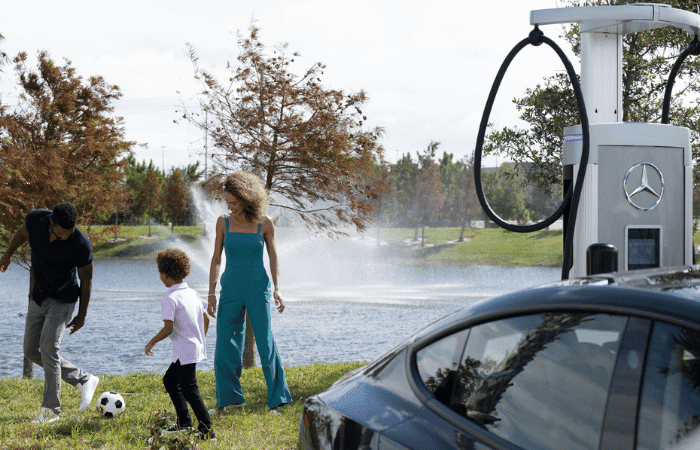 Mercedes Charging Near Dallas Stadium | Family playing soccer while EV charges | EV Charging Near Atlanta Stadium